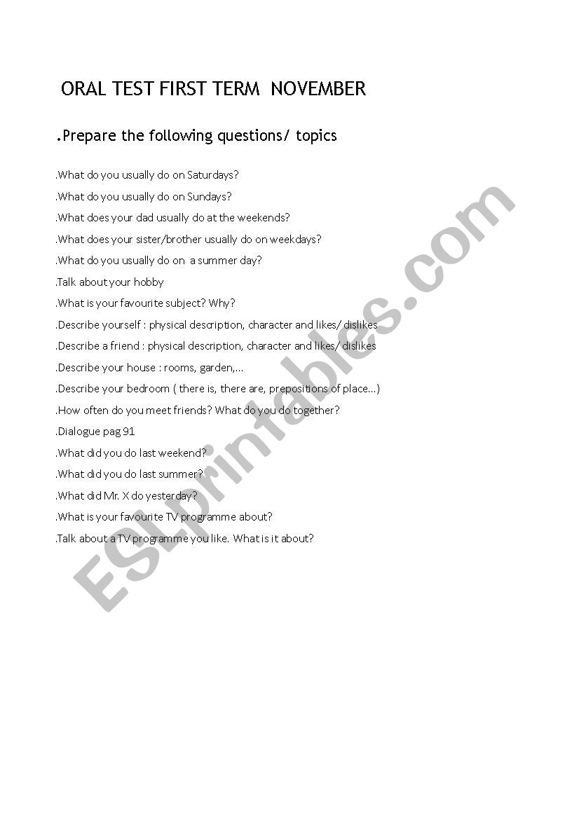 questionnaire oral test worksheet