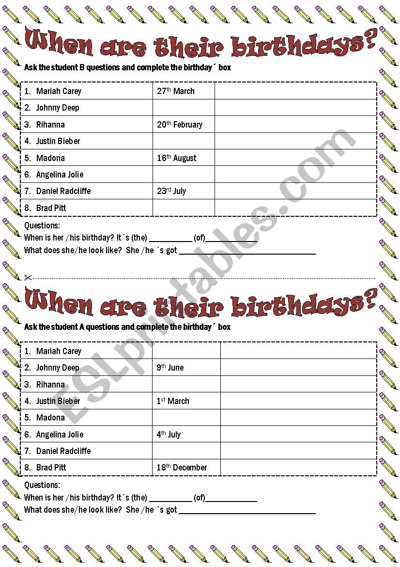 When are their birthdays? worksheet