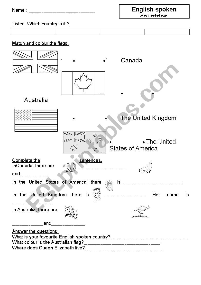 English spoken main countries worksheet