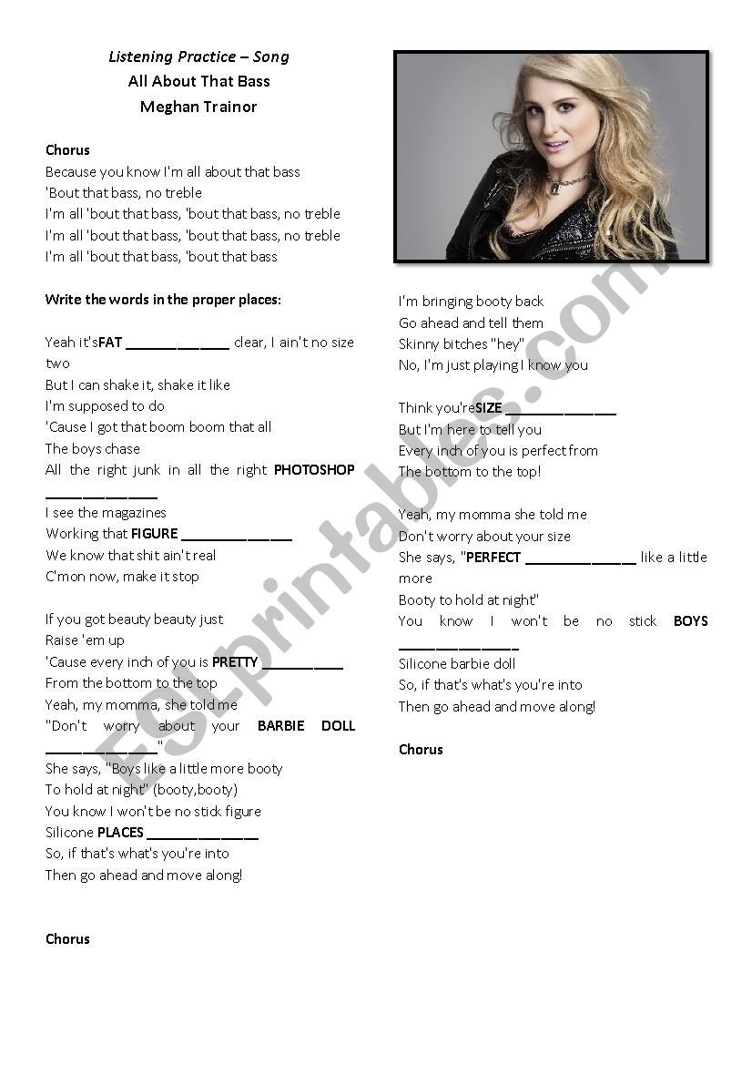 Song Worksheet - All About that Bass - Megan Trainor
