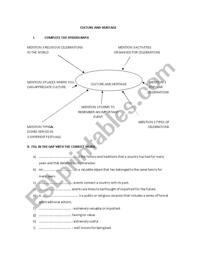 Culture and Heritage worksheet