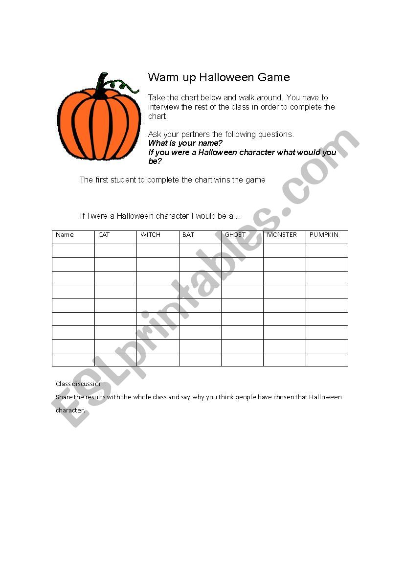 Warm Up Halloween Game worksheet