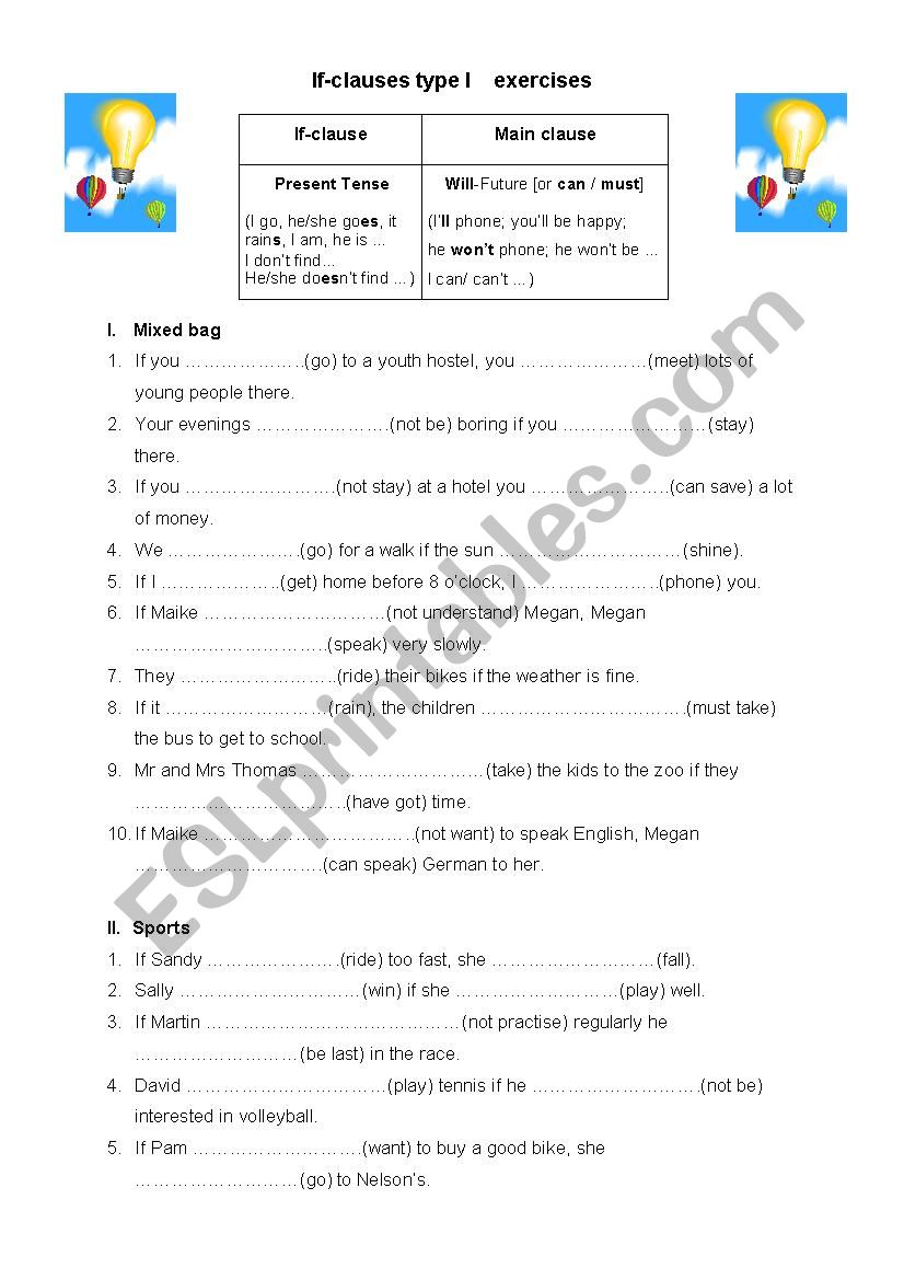 if clauses (type I) worksheet