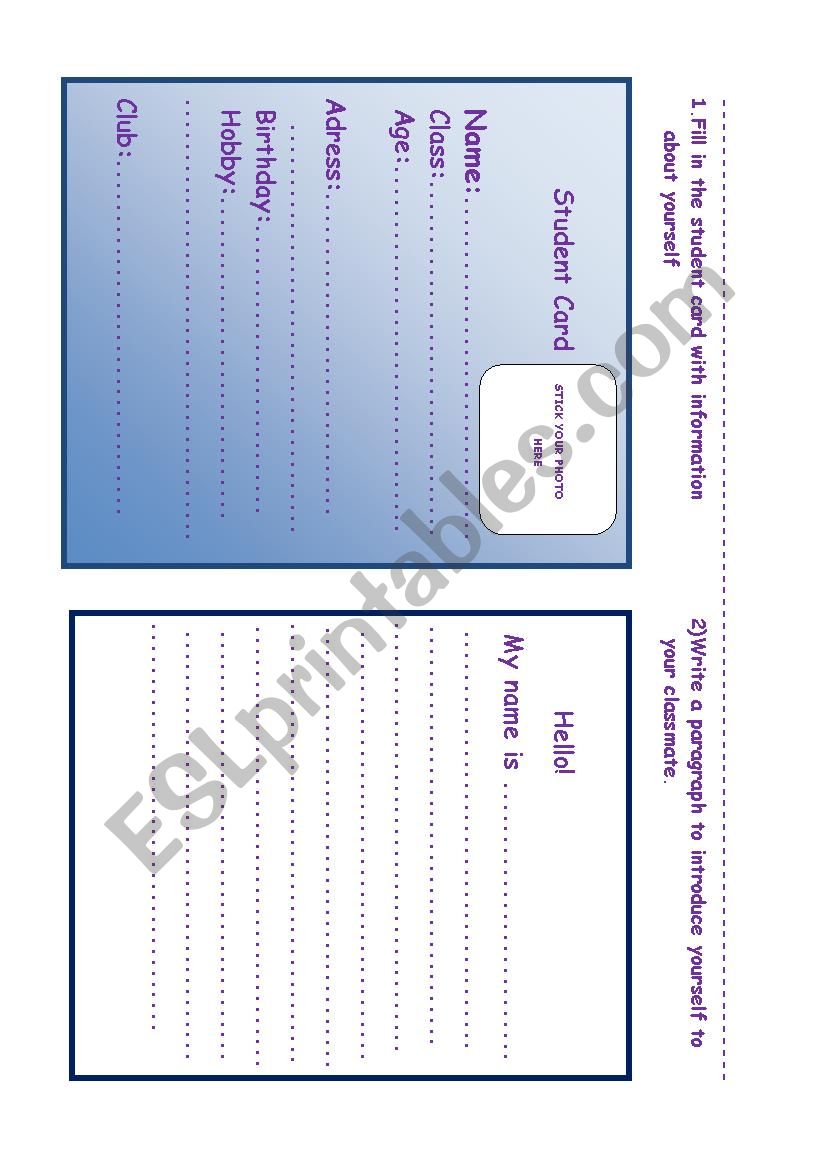 STUDENT CARD worksheet