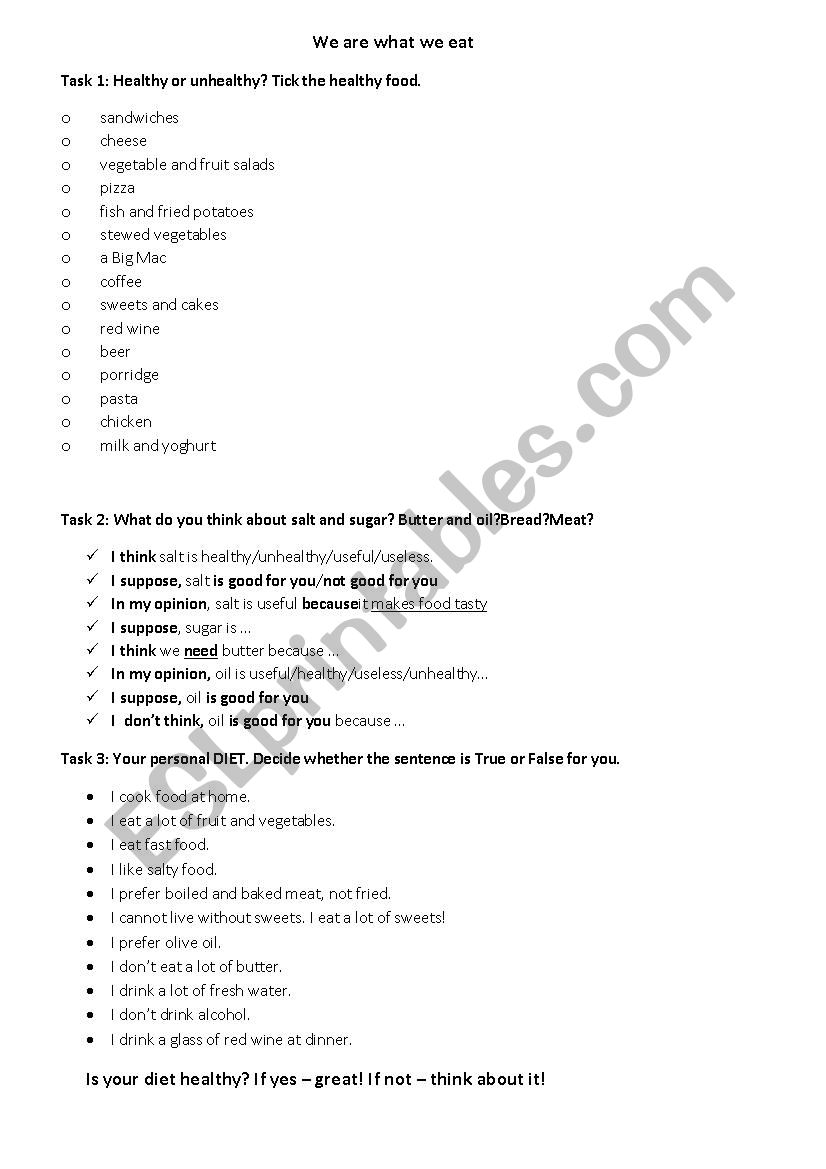 Diets and Nutrition worksheet