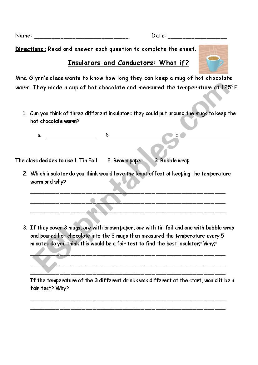 Thermal Insulators and Conductors Experiment - ESL worksheet by Within Conductors And Insulators Worksheet