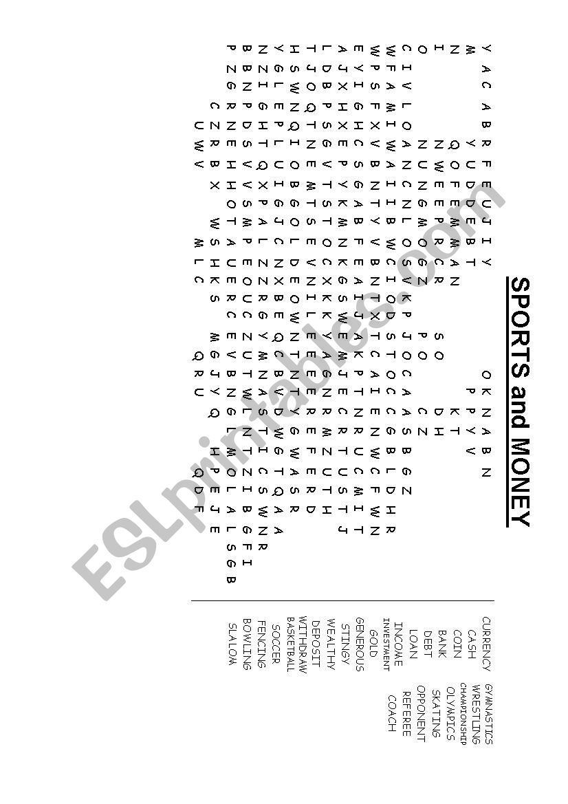 SPORTS & MONEY WORD SEARCH worksheet