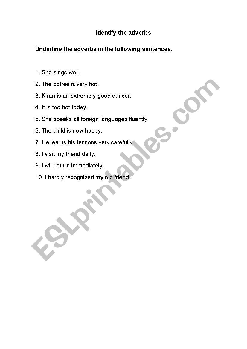 Identify the adverbs worksheet