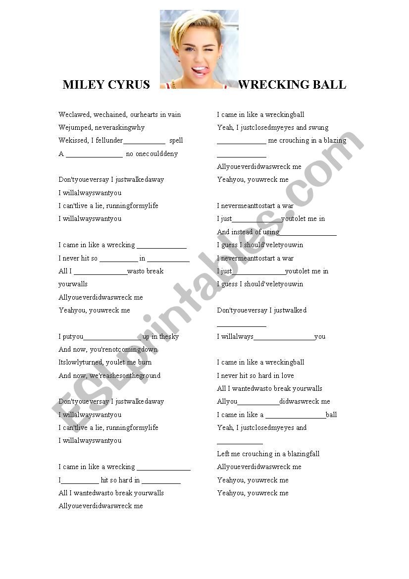 Wrecking ball- Miley Cyrus worksheet