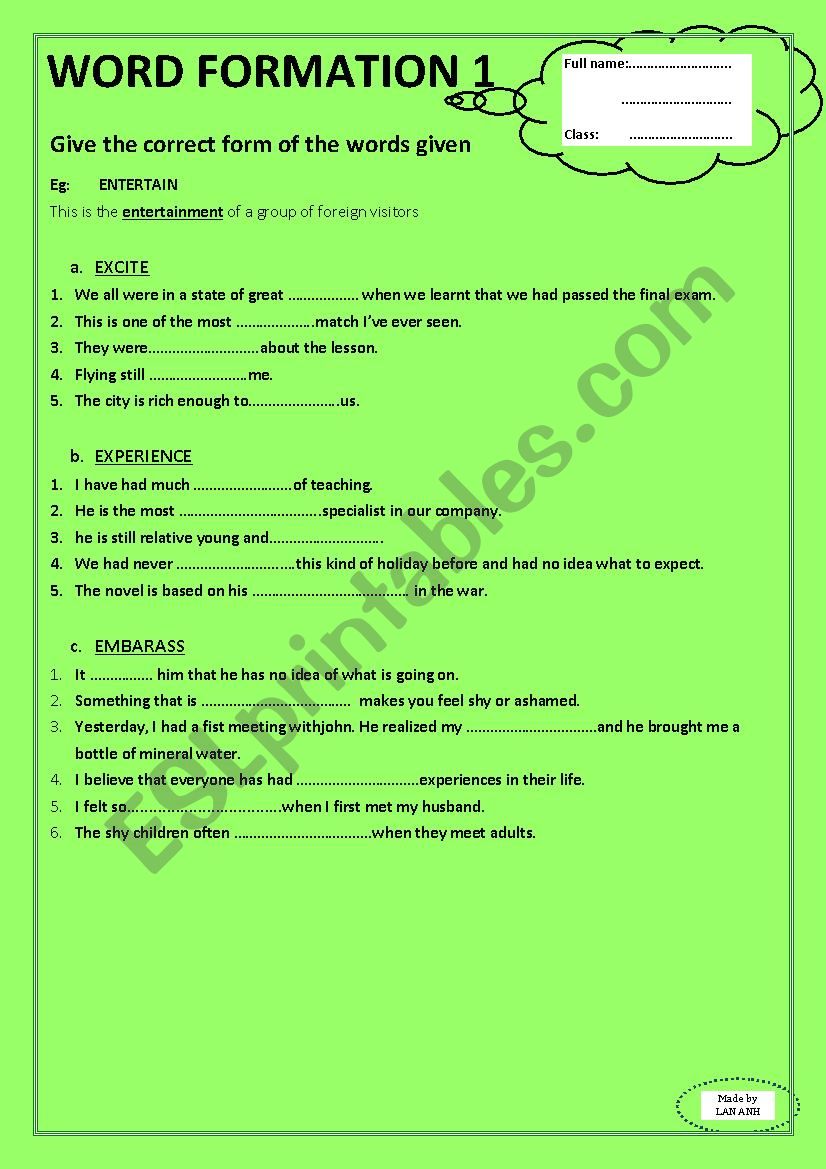 word formation 1 worksheet