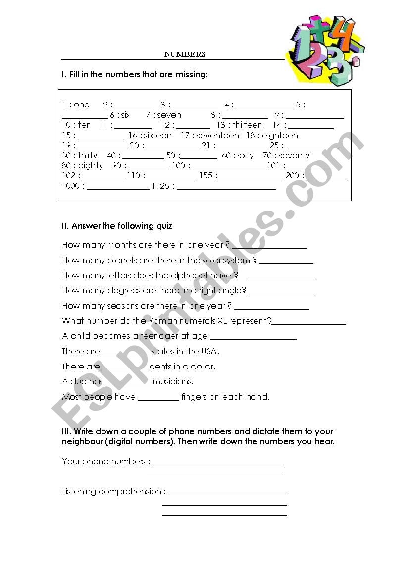 numbers worksheet