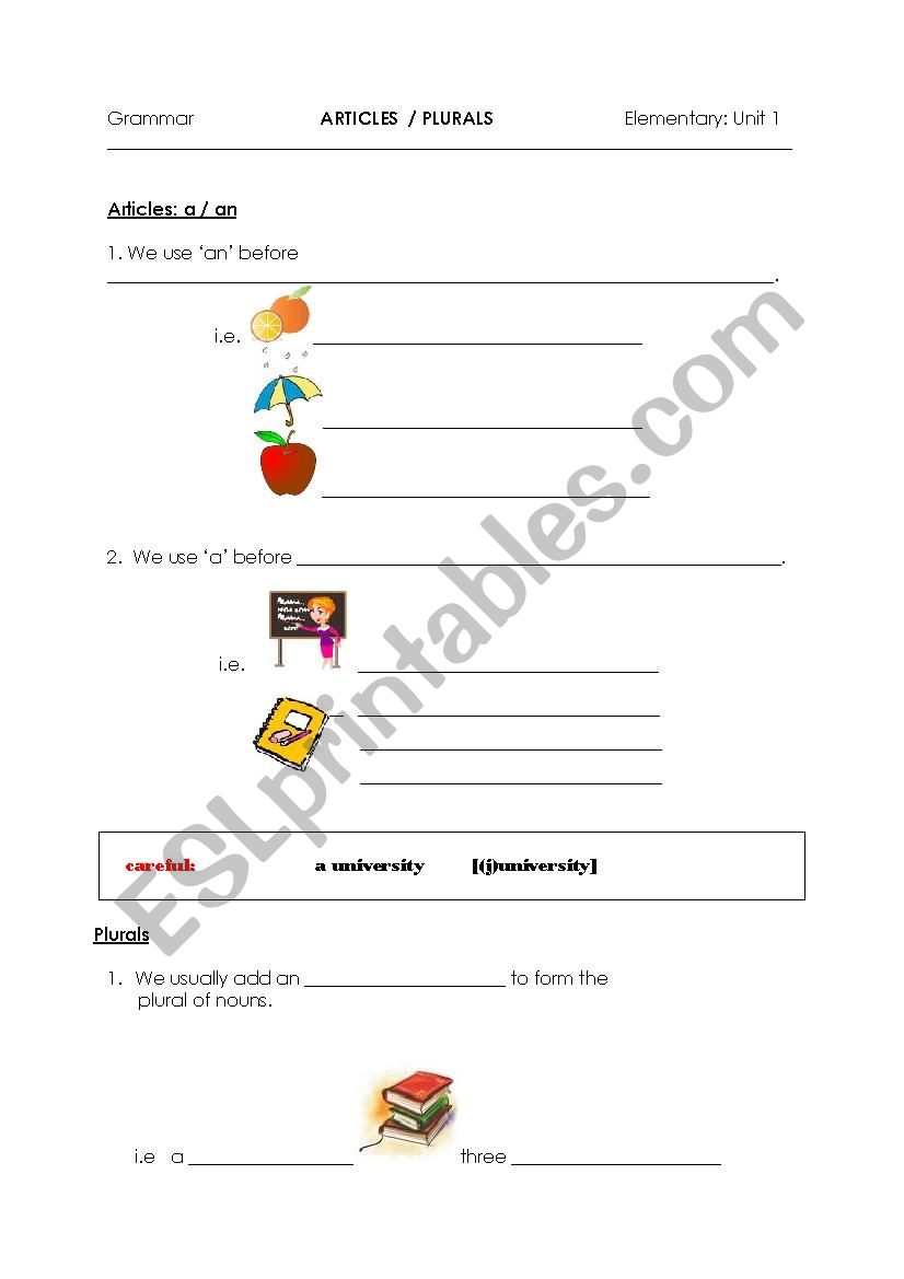 plurals and articles worksheet