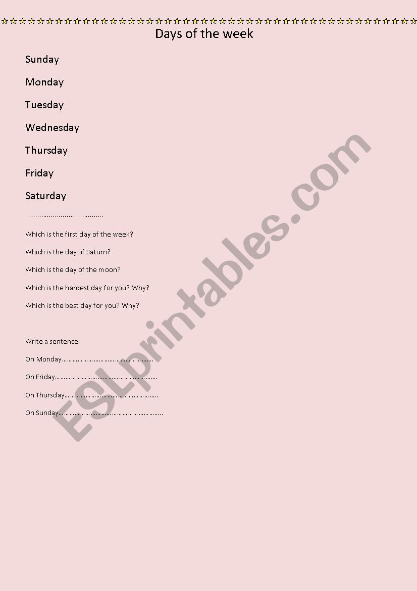 days of the week worksheet