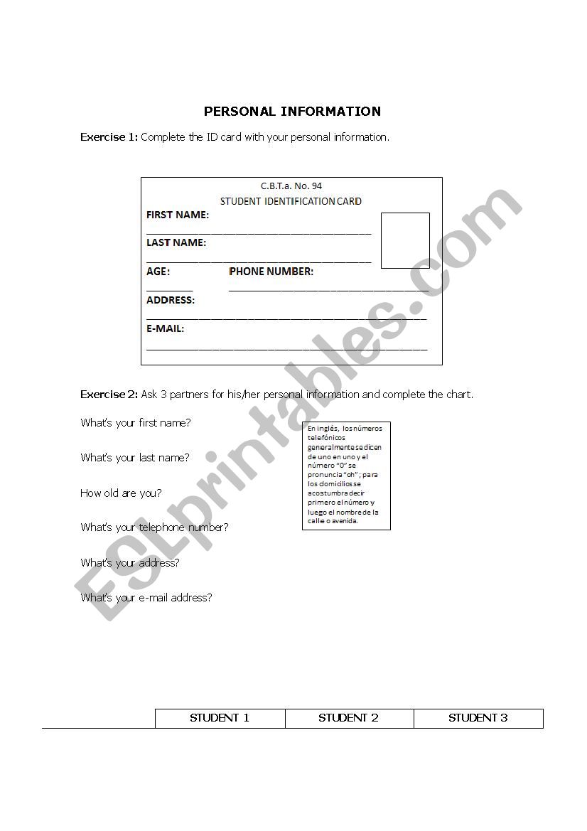 PERSONAL INFORMATION  worksheet