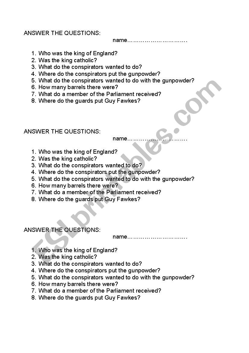 Guy fawkes test worksheet