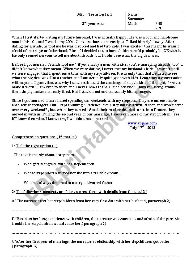 mid term exam n 1 2nd year  worksheet