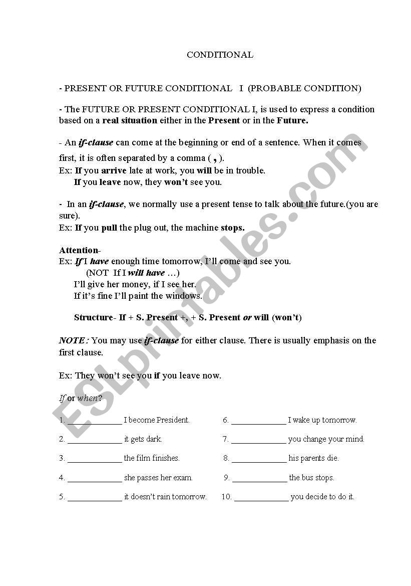 Conditional I, II, II worksheet