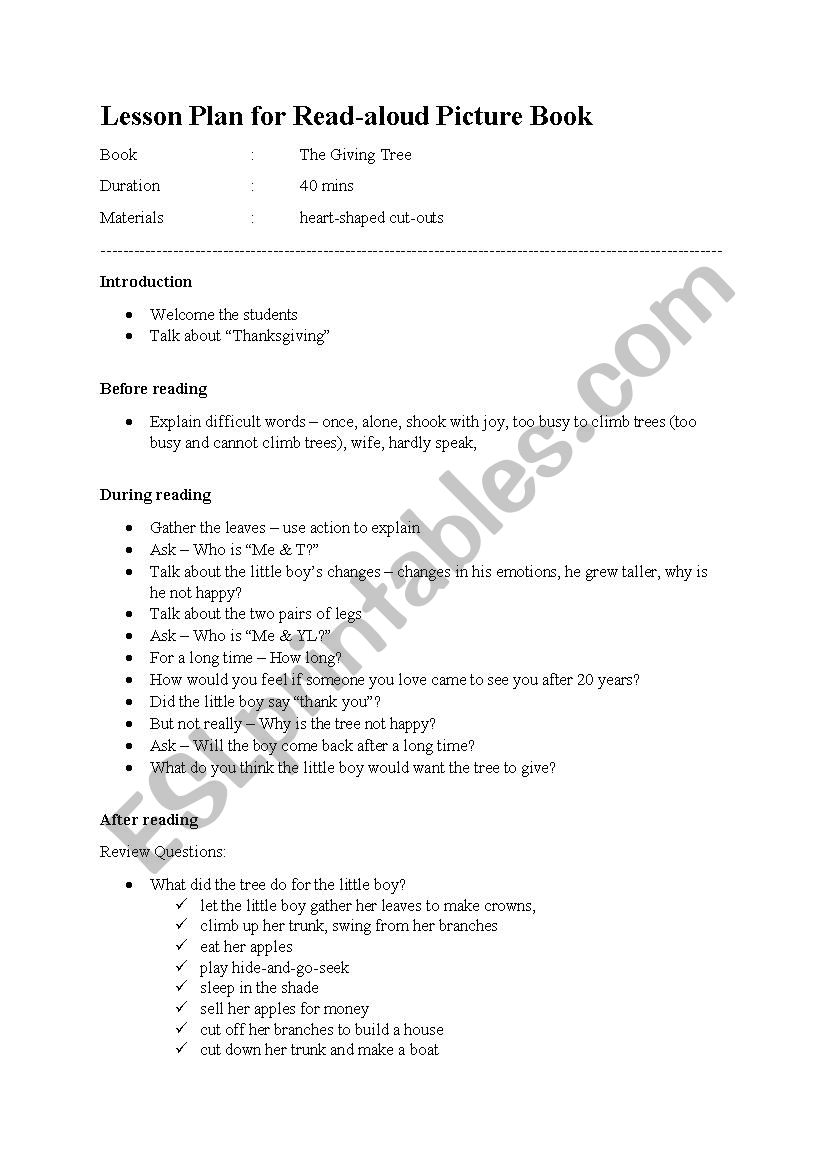 Lesson Plan For The Giving Tree Esl Worksheet By Misslin I2