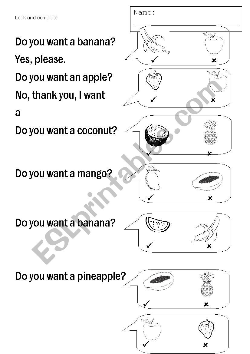 Fruit -  I want - P3 worksheet