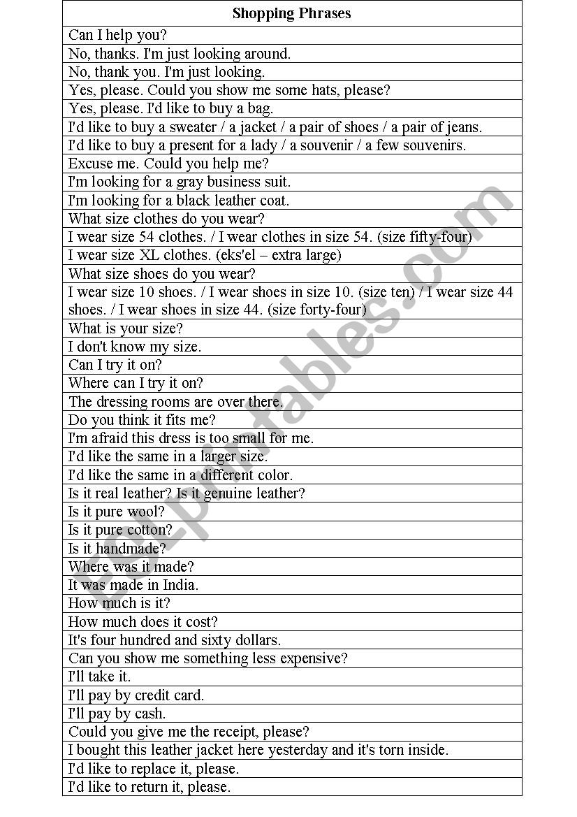 Shopping phrases worksheet