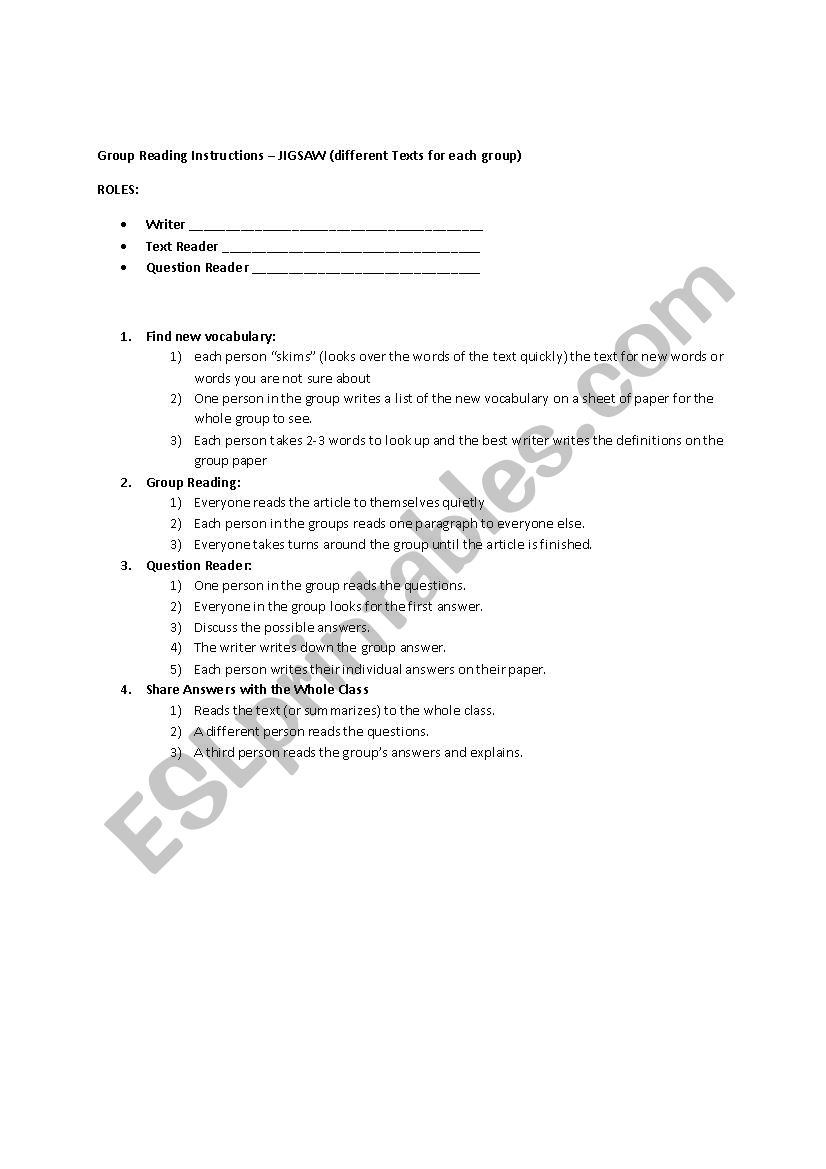 Group Reading Instructions worksheet