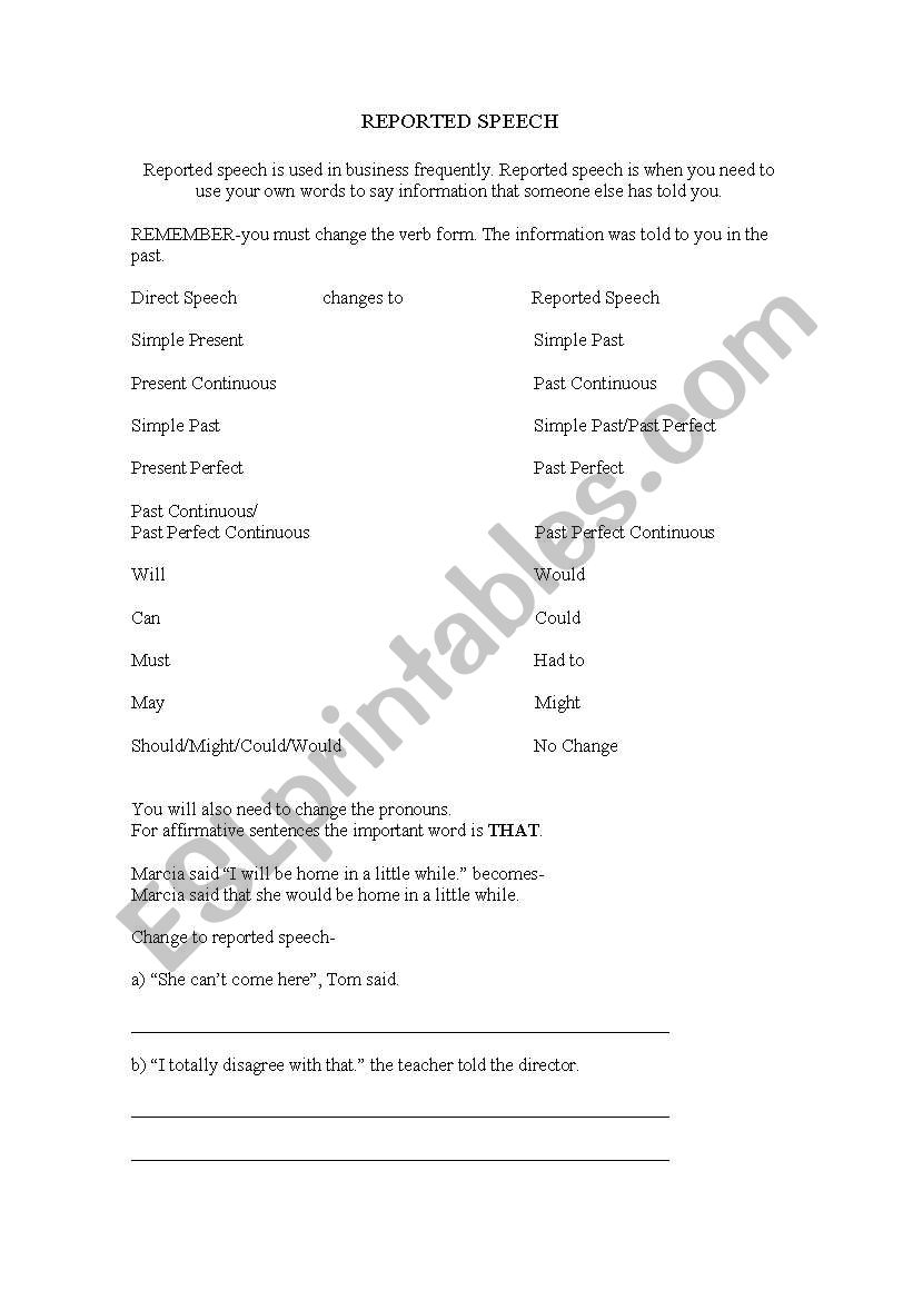 Reported Speech worksheet