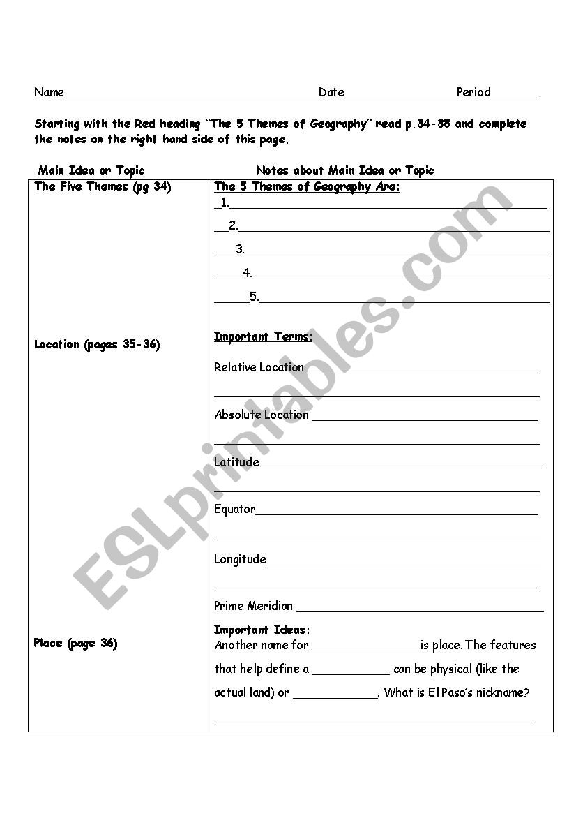 22 Themes of Geography Notes - ESL worksheet by natalie.hawks In 5 Themes Of Geography Worksheet