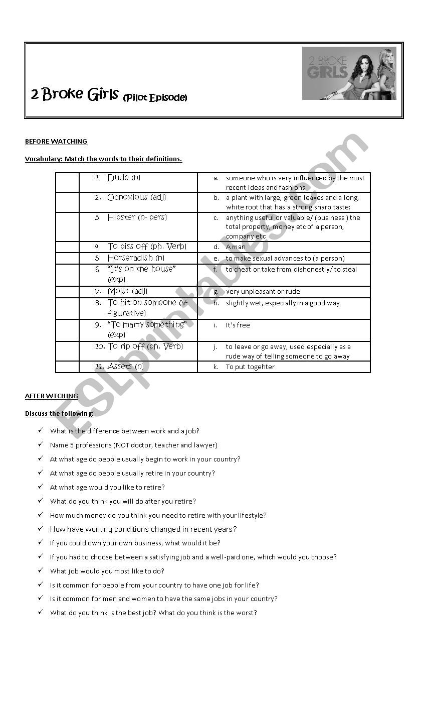 2 Broke Girls (Pilot Episode) worksheet