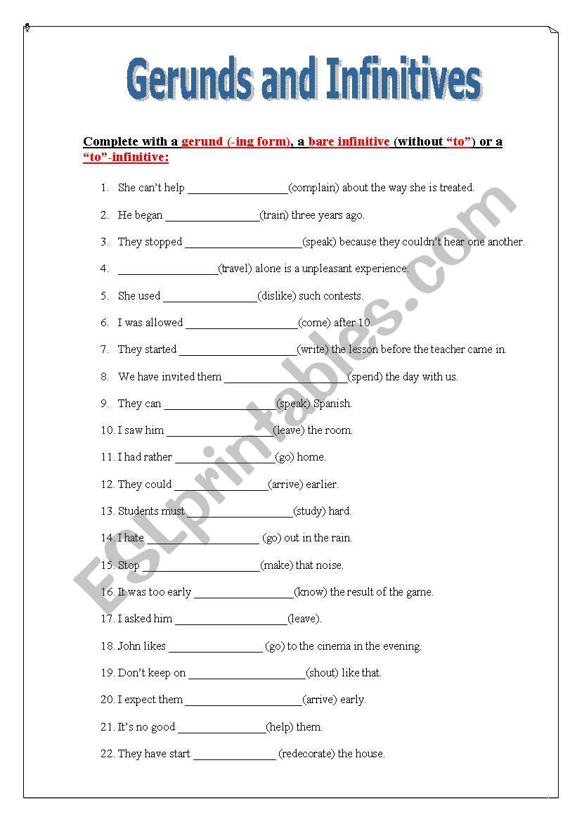 gerund and infinitive worksheet