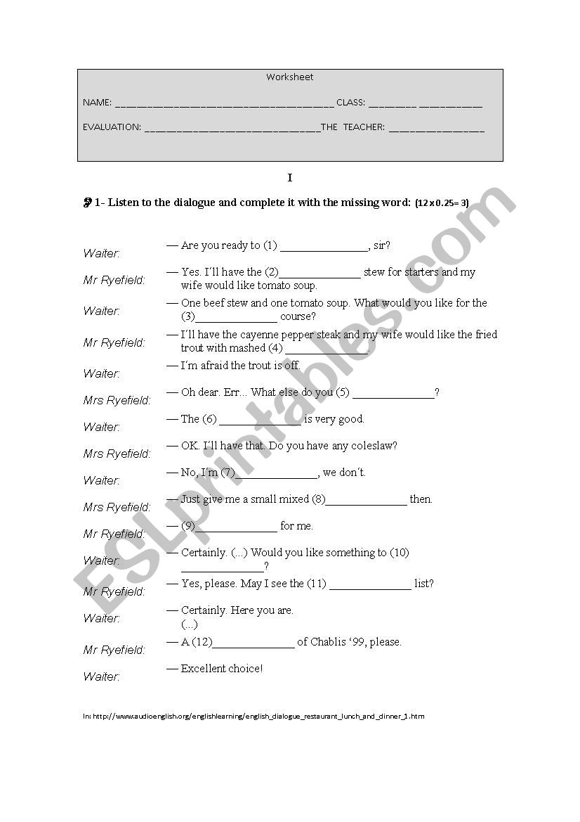 Restaurant and Bar Worksheet worksheet