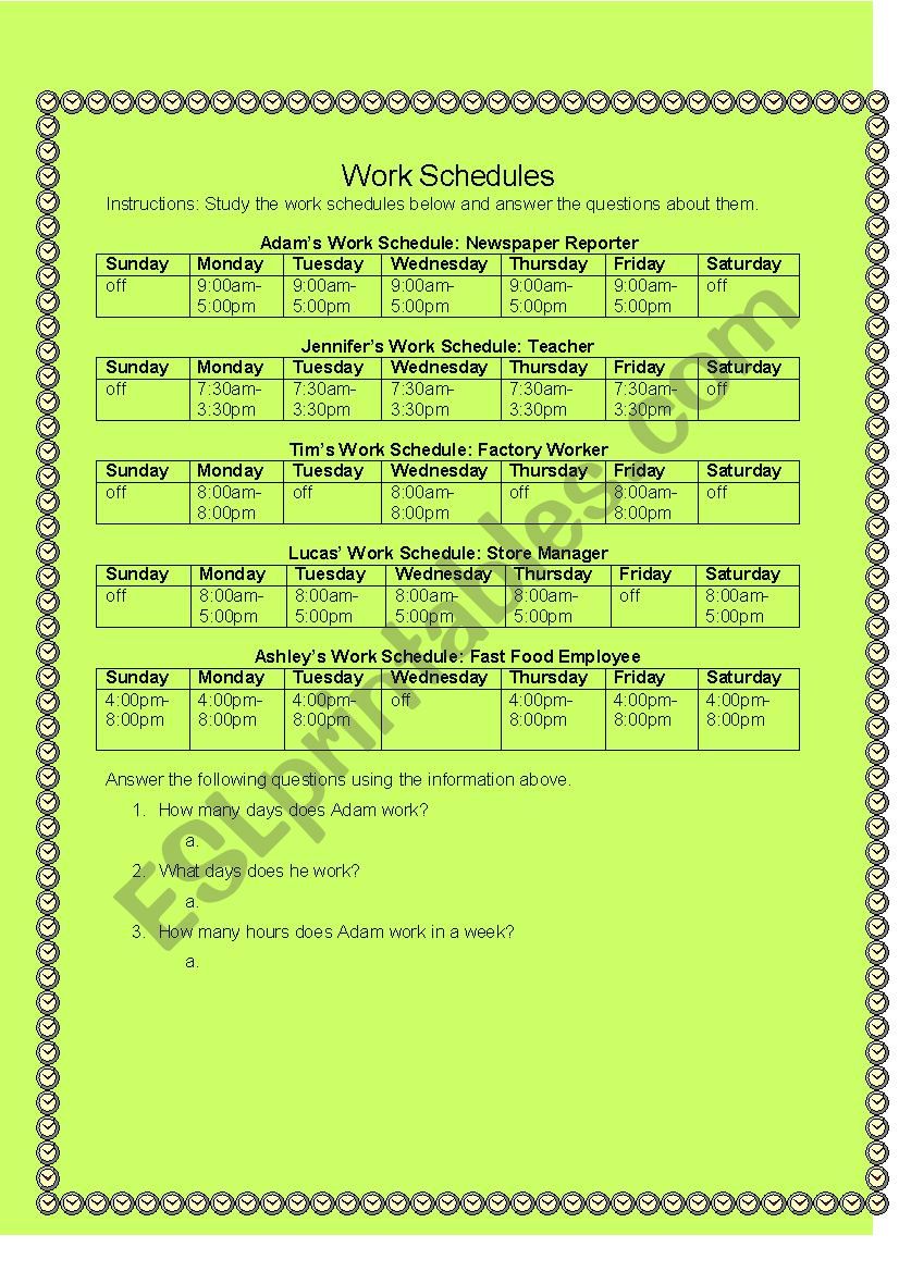 Work Schedules Worksheet worksheet