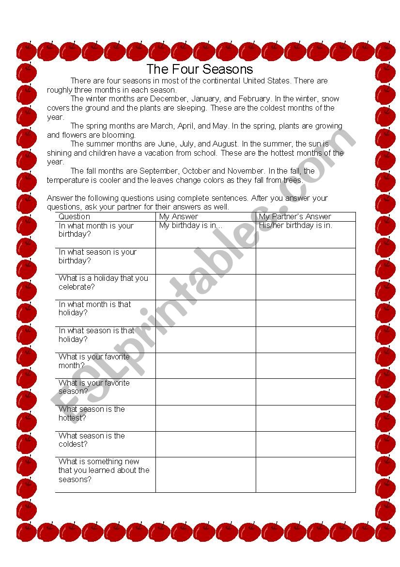 The Four Seasons worksheet