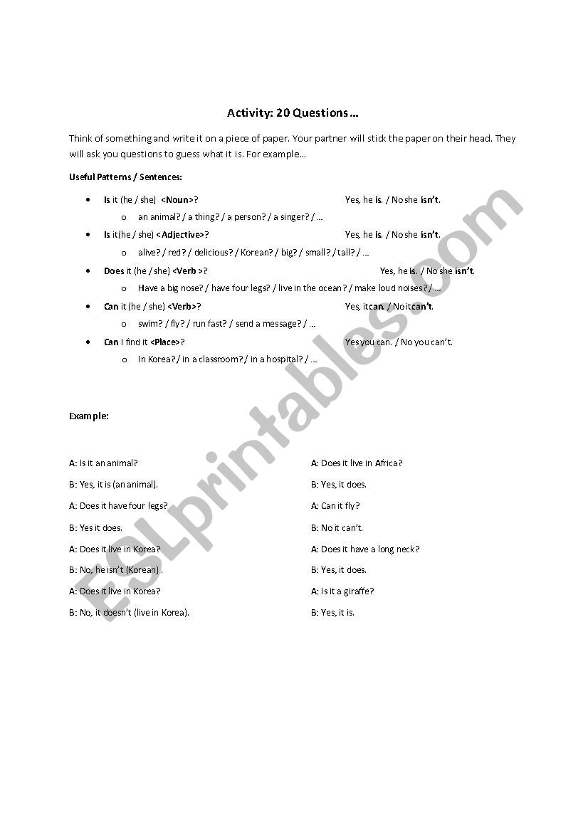 20 Questions worksheet