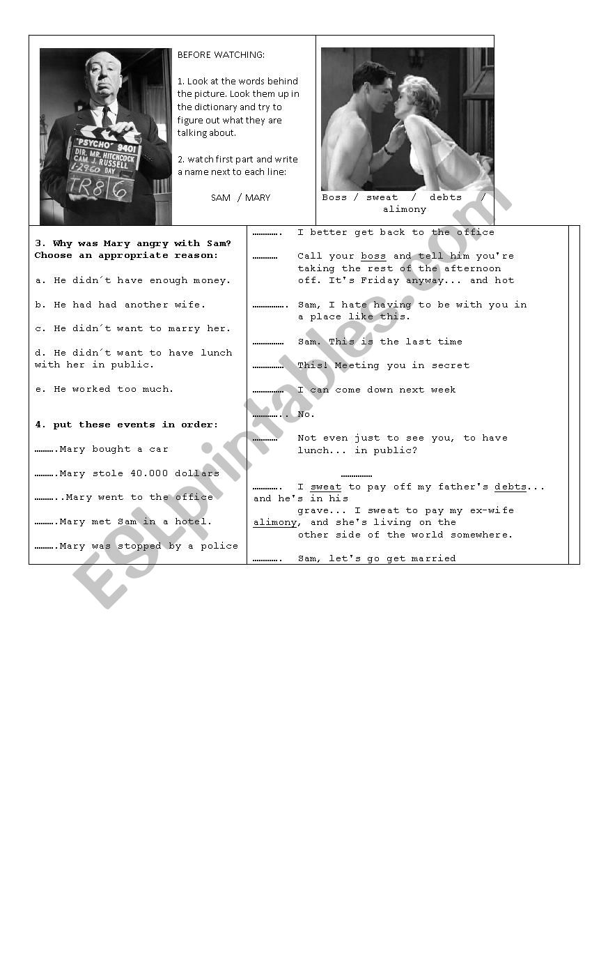 Psycho by hitchcock worksheet