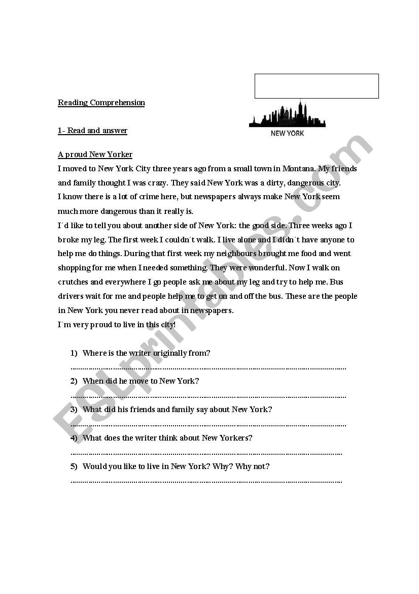 A proud New Yorker worksheet