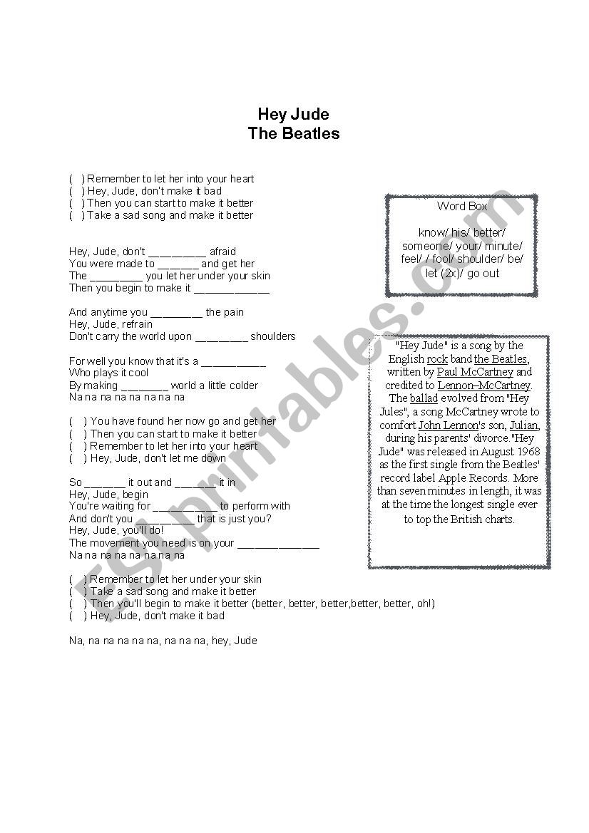 Hey Jude - The Beatles worksheet
