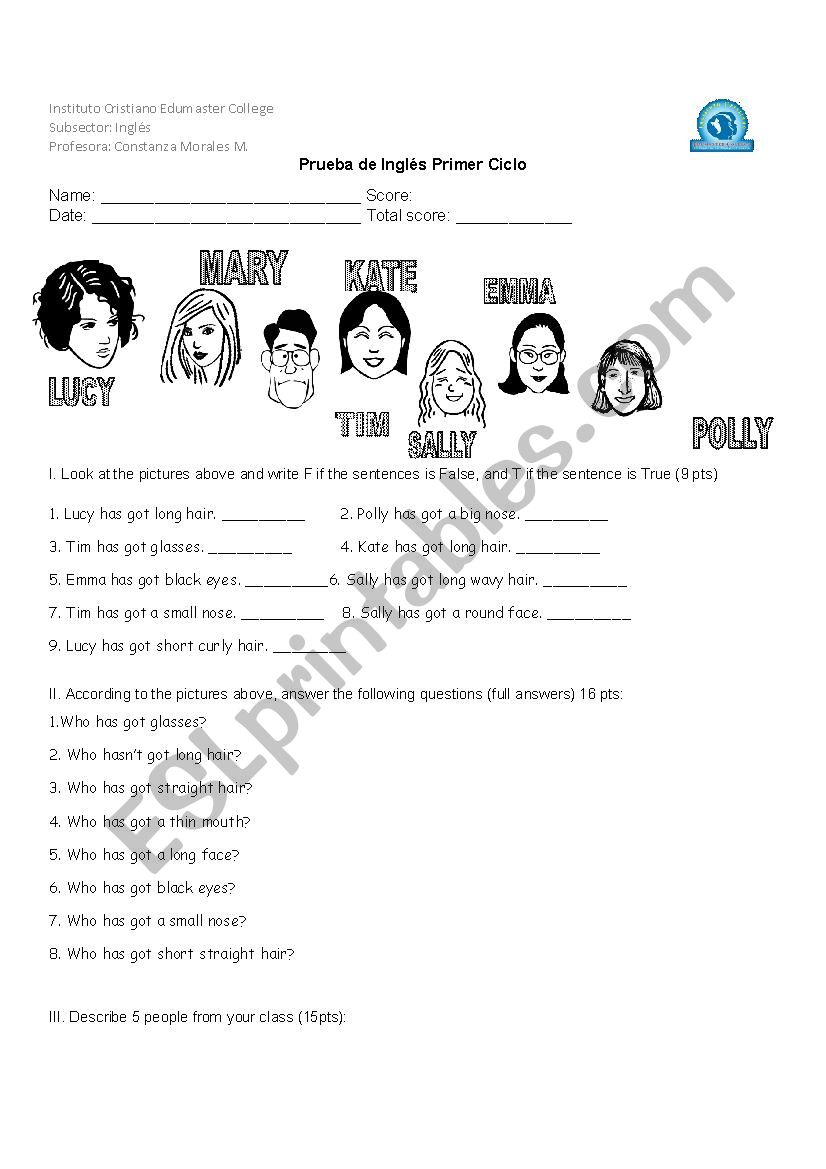 Describing people test worksheet