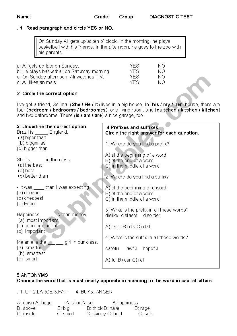 Diagnostic Test 9th grade worksheet
