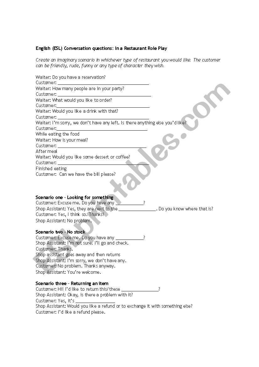 Conversation Role Play worksheet