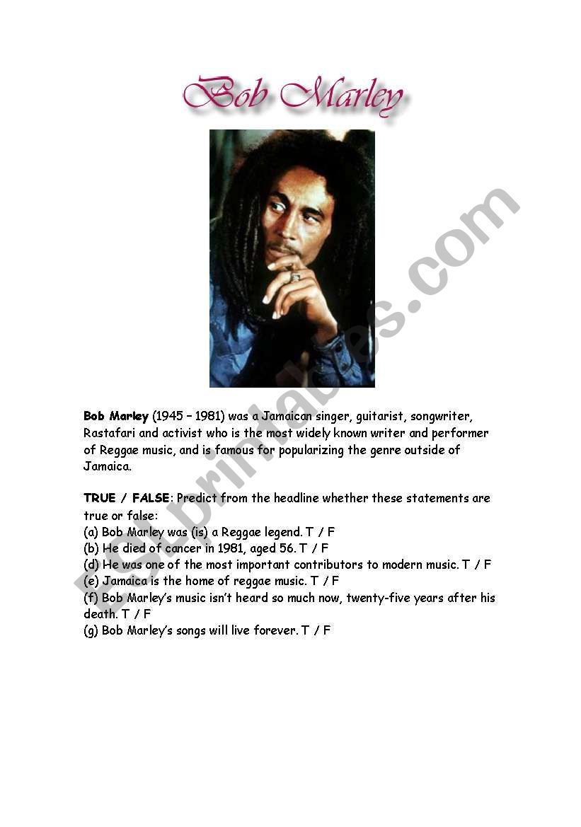 Bob Marley T/F worksheet
