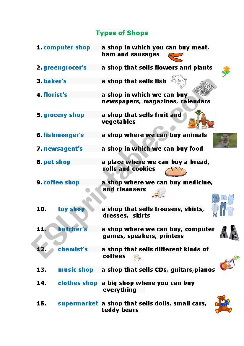 Types of Shops worksheet