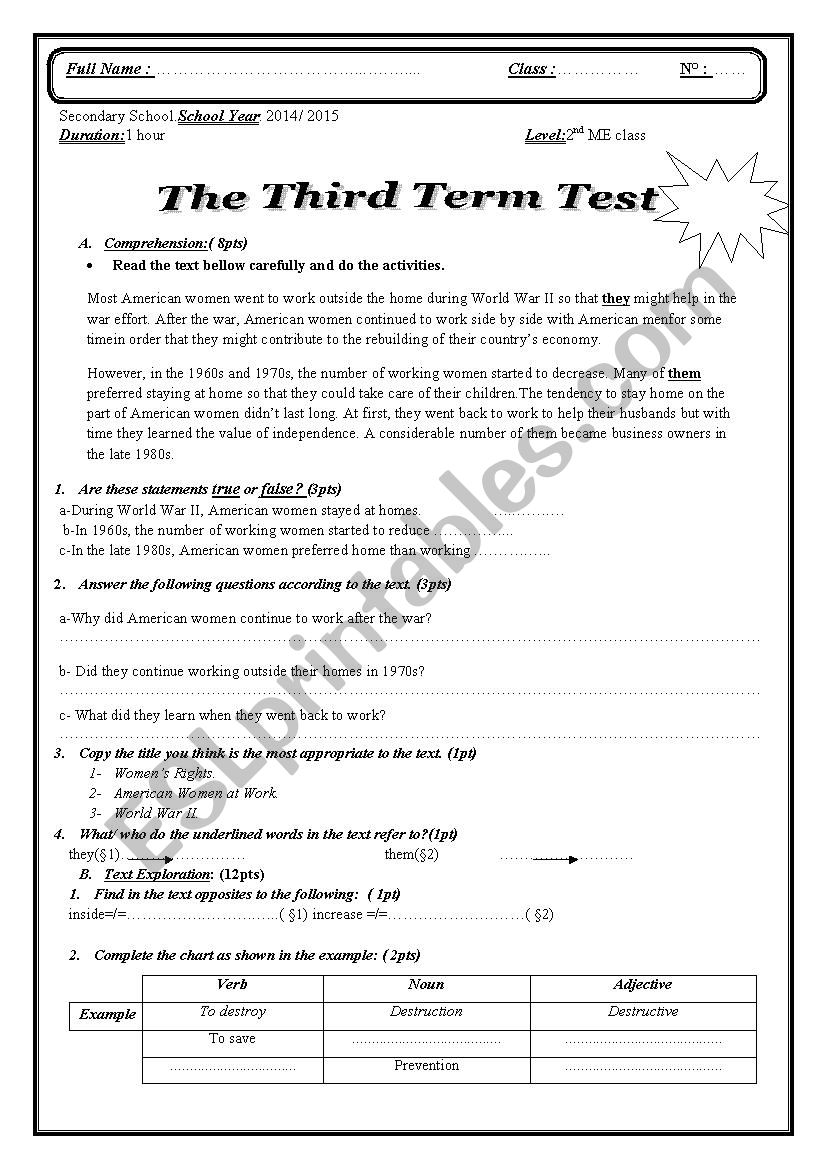 Test about Womens at Work worksheet