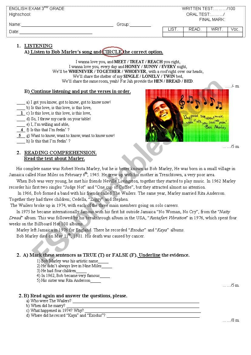 Test about Bob marley and music in general