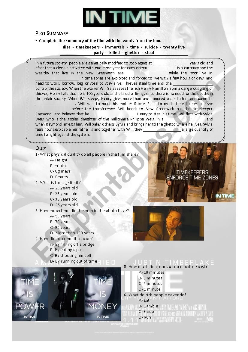 In time - movie worksheet