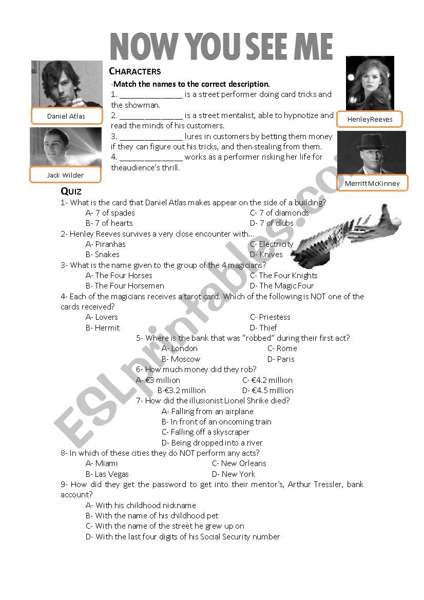 Now you see me - movie worksheet