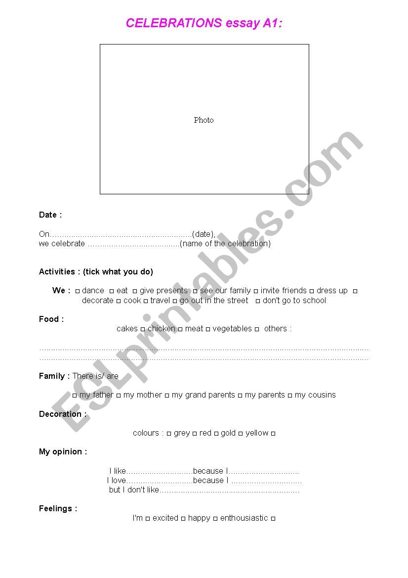 Celebration essay A1 (expos) worksheet