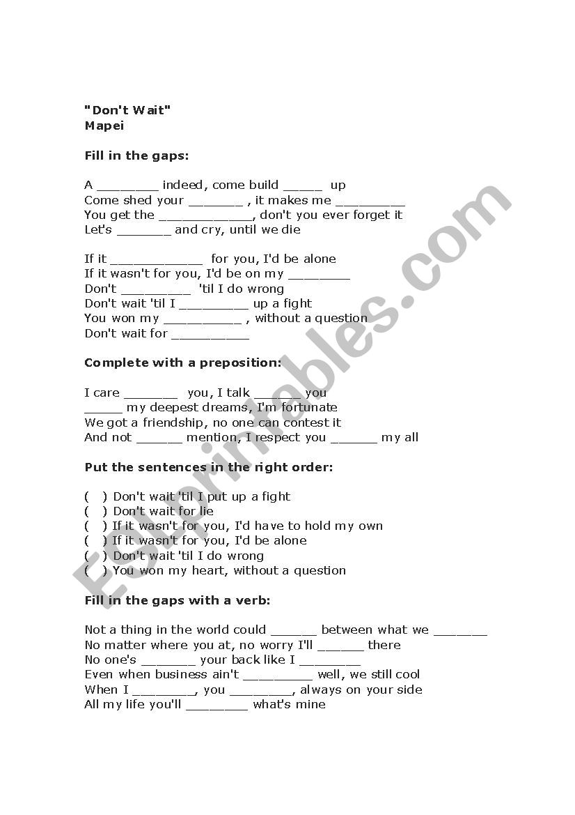 Don T Wait By Mapei Esl Worksheet By Carolsica don t wait by mapei esl worksheet by