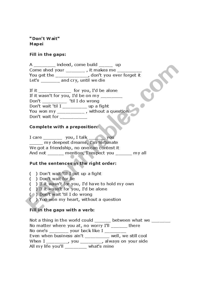 Dont wait by Mapei worksheet