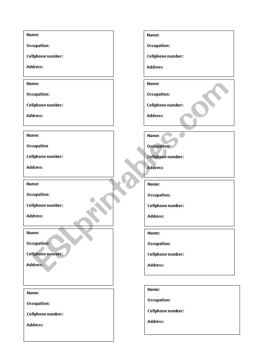 Presentation cards worksheet