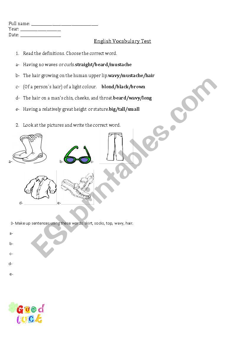 Vocabulary Test on clothes + physical description